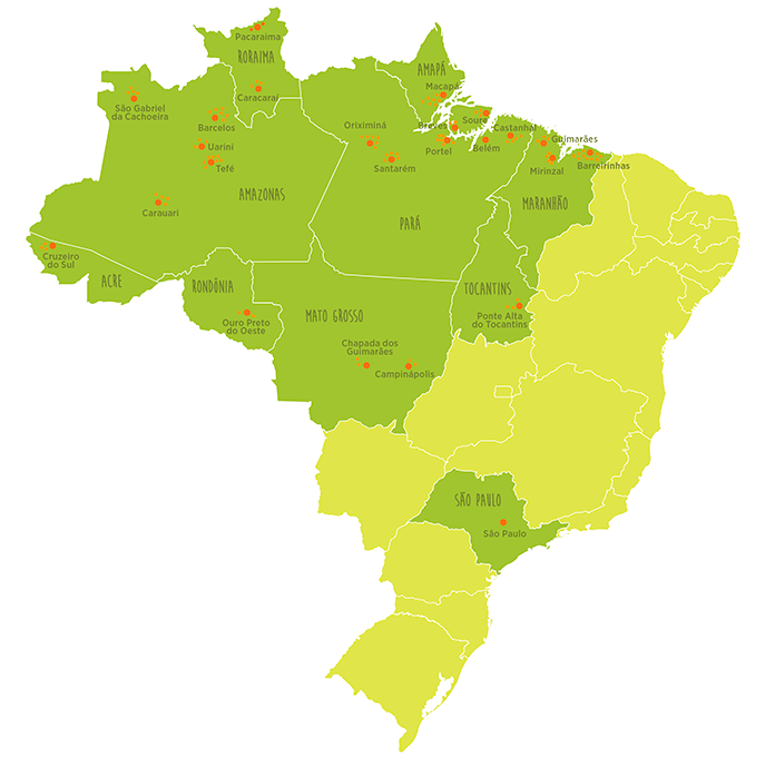 Mapa do Brasil com as bibliotecas da Vaga Lume destacadas, encompassando toda a região norte, Maranhão, Mato Grosso e São Paulo